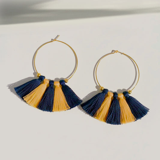 Duotone Tassel Hoops (Navy, Yellow-Orange)