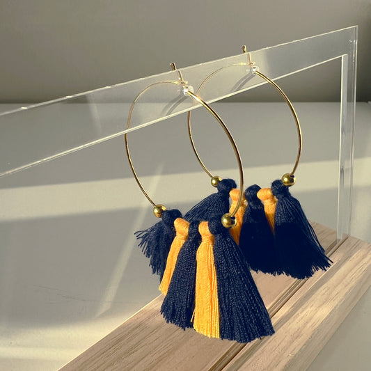 Duotone Tassel Hoops (Navy, Yellow-Orange)